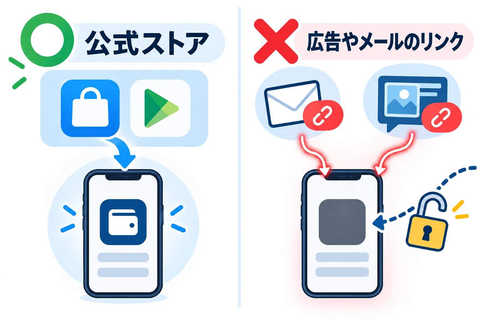 公式ストアから入れたアプリは○、広告やメールのリンクから入れたアプリは×。リンクから入れたアプリのスマホが、外から操作される様子の図