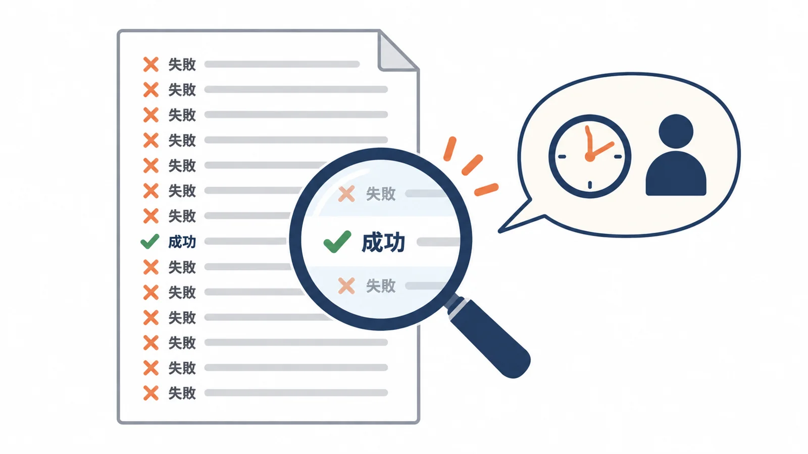 ログの「failed（失敗）」の行が大量にあり、「successfully（成功）」の行は日時とユーザー名を見て自分たちの操作かを確かめる図