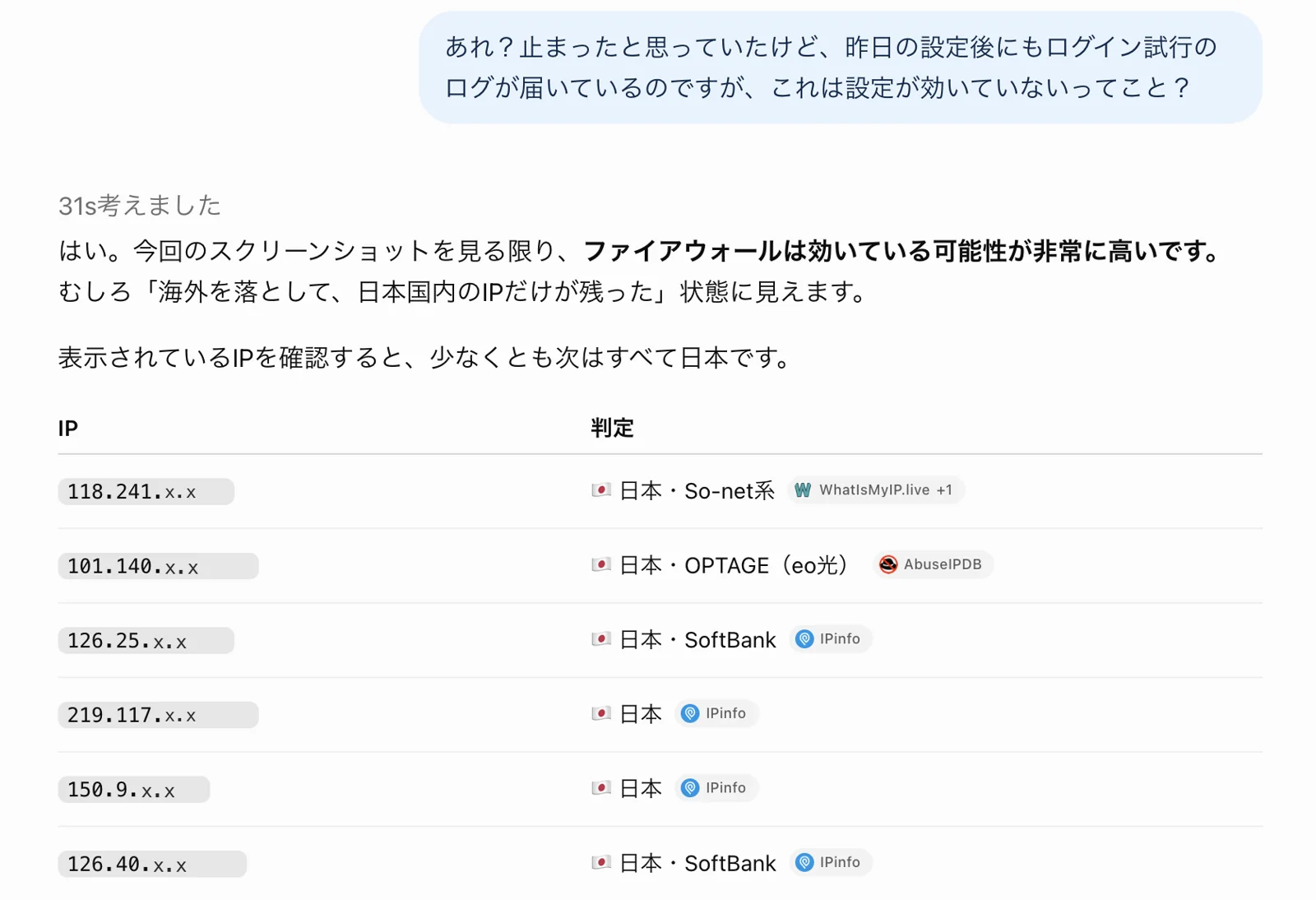 残っていたログイン試行のIPアドレスをChatGPTに調べさせた画面。どれも日本国内の回線（IPアドレスの後ろ半分は伏せています）