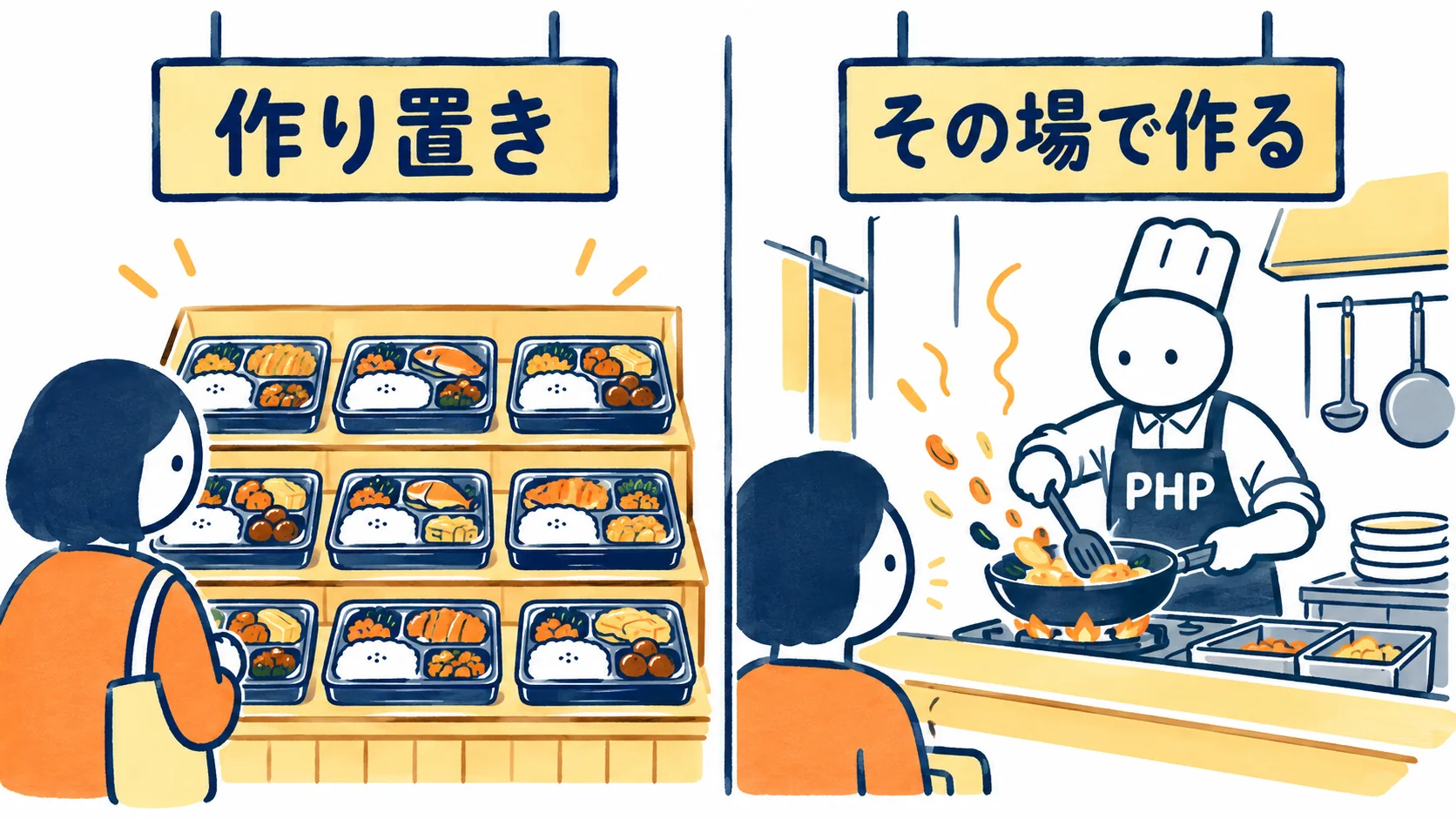 作り置きのページをそのまま見せる売り場と、開かれるたびに厨房で作る食堂。PHPは厨房で料理を作る係